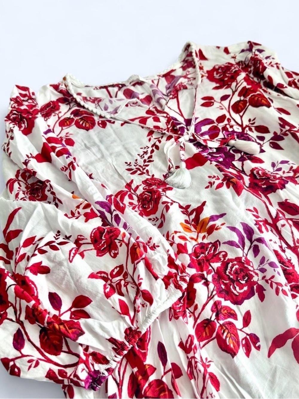 Stella + Ginger Womens Floral Print Blouse XL Balloon Sleeve Red White Cottage